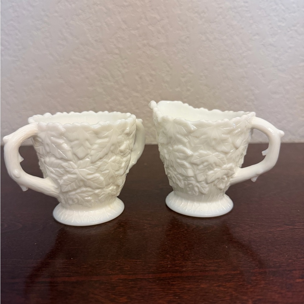Vintage Westmoreland Bramble Milk Glass Creamer And Sugar Bowl Set Maple Leaf